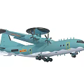 Light Blue Fighter Jet With Propellers And Top Radar Dome Flying Over City