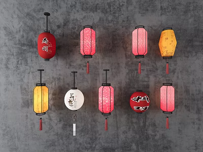 Colorful Traditional Lanterns with Various Patterns Hanging on Gray Wall 3d model
