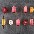 Colorful Traditional Lanterns with Various Patterns Hanging on Gray Wall