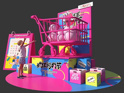 Vibrant Shopping Festival Scene With Pink Shopping Cart Little Girl Calendar And Colorful Boxes 3d model