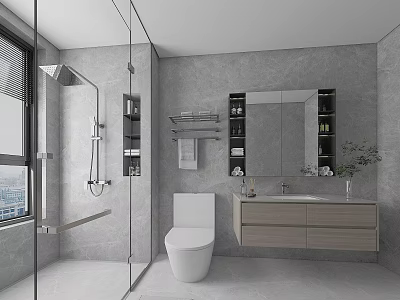 Modern Bathroom Interior With Glass Shower Enclosure Toilet And Vanity 3d model
