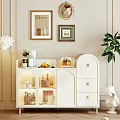 Illuminated White Sideboard with Glass Doors Top Coffee Machine Fruits Wine Bottles and Plant