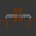 Rectangular Dining Table With Black White Checkered Cloth And Orange Wooden Chairs
