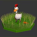 Cute Cartoon Duck Wearing Red Hat Standing on Lush Green Grass with Small Orange Object