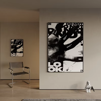 Abstract Painting Wall Art in Modern Interior with Black White Geometric Design and Chair 3d model