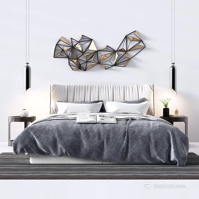 Modern Double Bed With Gray Comforter Upholstered Headboard And Geometric Metal Wall Decor Pendant Lights 3d model 