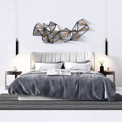 Modern Double Bed With Gray Comforter Upholstered Headboard And Geometric Metal Wall Decor Pendant Lights 3d model