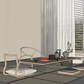 Minimalist Tea Table and Chairs by Window with Green View Tea Set Fruits and Cushions