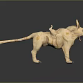 Mythical Feline Like Creature With Horns Golden Circular Markings Blue Eyes Open Mouth And Sharp Fangs