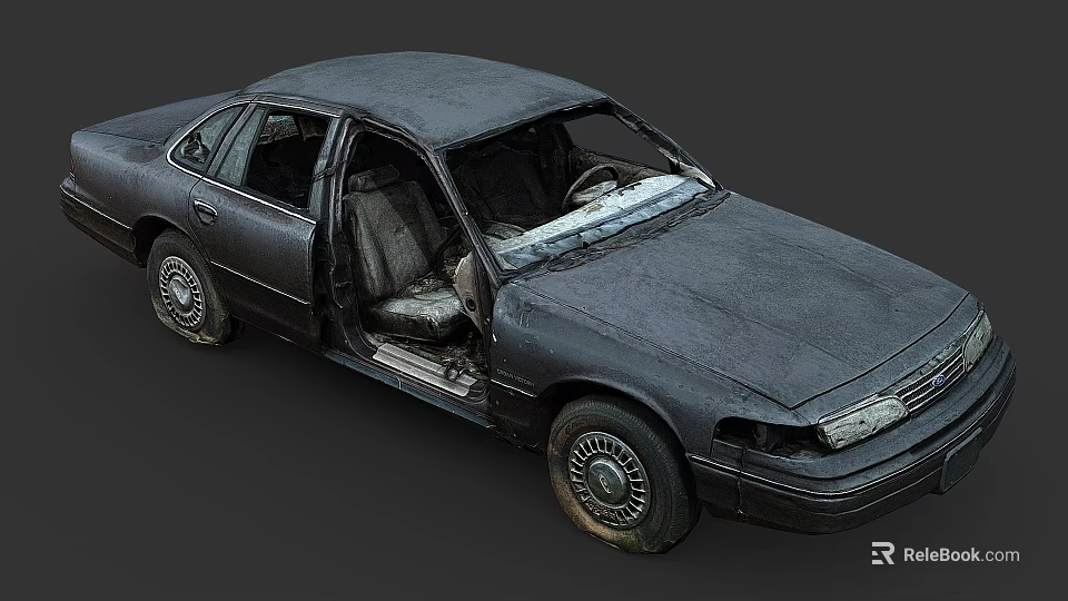 Old Faded Black Car With Open Doors Tattered Interior And Damaged Exterior 3d model 