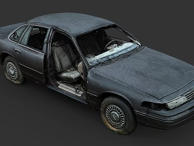 Old Faded Black Car With Open Doors Tattered Interior And Damaged Exterior 3d model