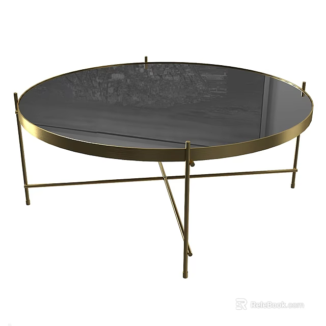 Round Coffee Table With Black Glass Top And Gold Metal Crossed Legs 3d model 
