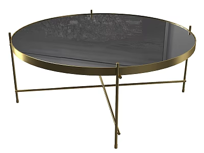 Round Coffee Table With Black Glass Top And Gold Metal Crossed Legs 3d model