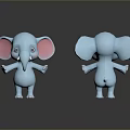 Blue Cartoon Elephants With Pink Ears Front And Back Views Standing On Black Reflective Surface