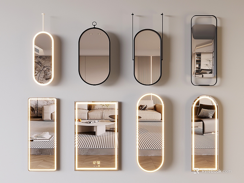 Modern Decorative Mirrors In Various Shapes With Illuminated Designs Reflecting Living Room And Bedroom Interiors 3d model 