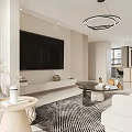 Modern Living And Dining Area Interior With White Sofa Circular Pendant Lights And Abstract Paintings