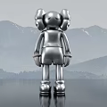 Metallic Silver Three Headed Doll Standing Against Mountain Landscape With Reflective Surface 3d model