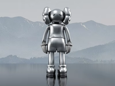 Metallic Silver Three Headed Doll Standing Against Mountain Landscape With Reflective Surface 3d model
