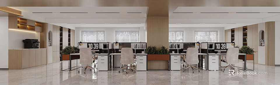 Modern Public Office Area With Office Desks Dividers Ergonomic Chairs And Green Plants 3d model 