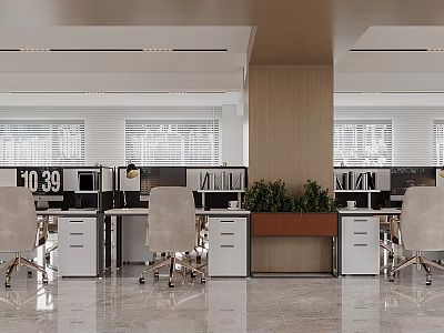 Modern Public Office Area With Office Desks Dividers Ergonomic Chairs And Green Plants 3d model