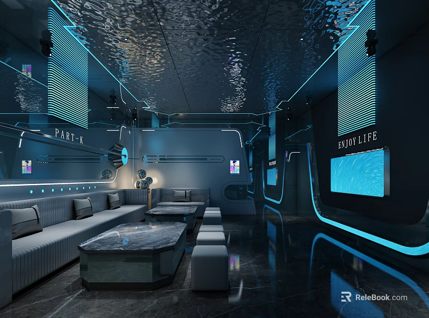 Modern KTV Interior With Sleek Sofa Coffee Table Large Screen And Blue Lighting Effects 3d model 