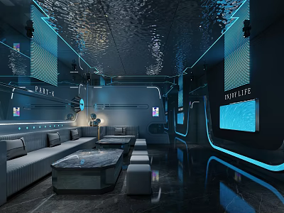 Modern KTV Interior With Sleek Sofa Coffee Table Large Screen And Blue Lighting Effects 3d model