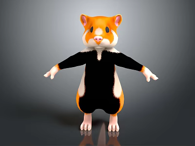 Cute 3D Hamster Character Wearing Black Outfit On Gray Reflective Floor 3d model