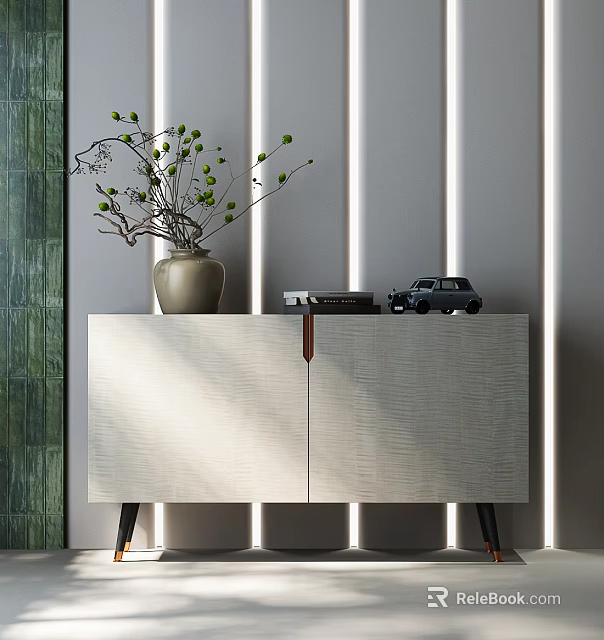 White Entryway Console Table with Vase Green Leaves Book Toy Car Black Legs Grey Wall 3d model 