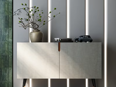 White Entryway Console Table with Vase Green Leaves Book Toy Car Black Legs Grey Wall 3d model