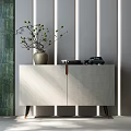 White Entryway Console Table with Vase Green Leaves Book Toy Car Black Legs Grey Wall