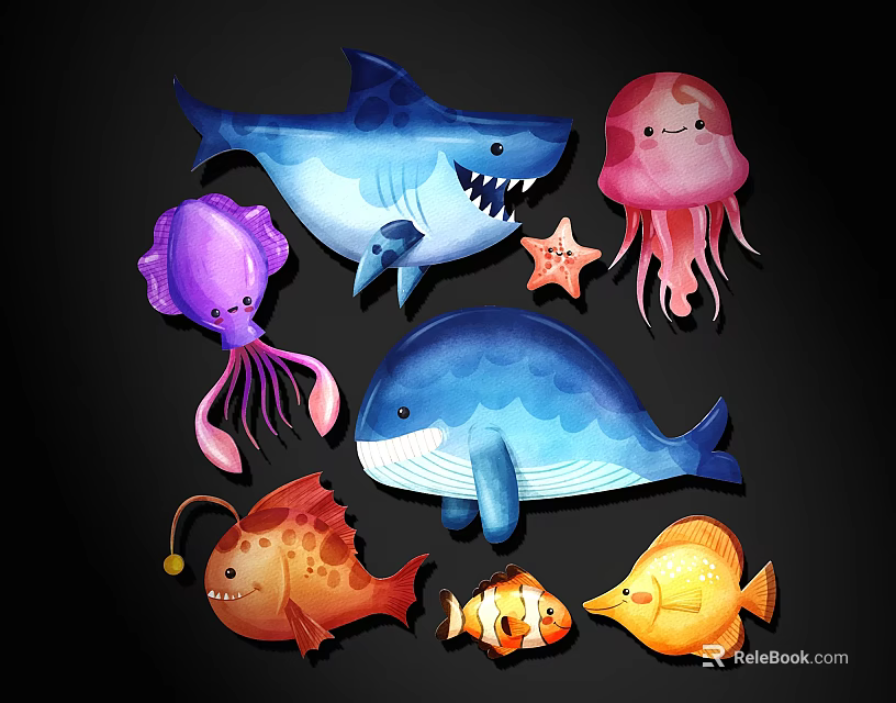 Colorful Cartoon Ocean Animal Wall Decor with Shark Whale Jellyfish Octopus and Cute Fish Design 3d model 