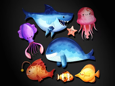 Colorful Cartoon Ocean Animal Wall Decor with Shark Whale Jellyfish Octopus and Cute Fish Design 3d model