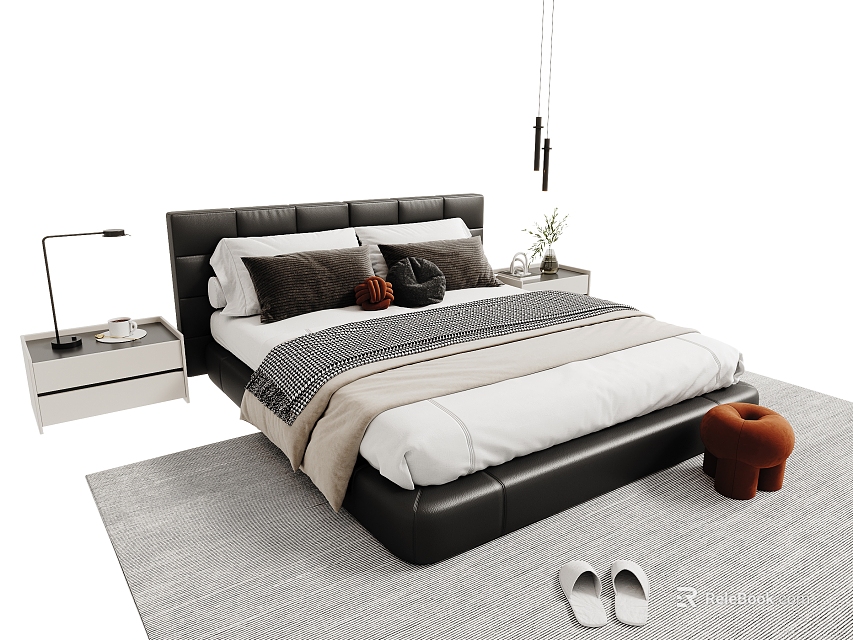 Double Bed With Black Headboard White Sheets Gray Blanket Nightstand Lamp And Slippers On Rug 3d model 