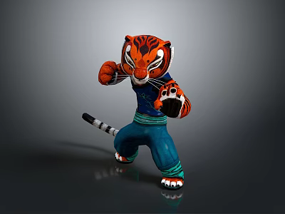 Animated Tiger Character In Martial Arts Pose With Blue Outfit And Green Pants 3d model