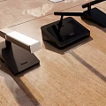 Formal Conference Room With Wooden Long Table Microphones Table Lamp And Tablet
