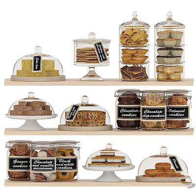 Assorted Baked Treats Cookies Cupcakes Chocolate in Glass Dome Containers on Wooden Shelves with Labels 3d model