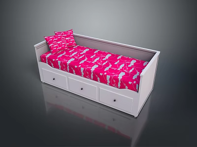Kids Bed With White Frame Three Drawers Pink Mattress Pillow Unicorn Pattern 3d model