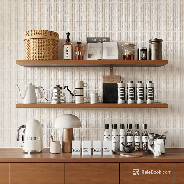 Neat Dining Utensils Set Arranged On Shelves With Kettle Jars Cups 3d model 