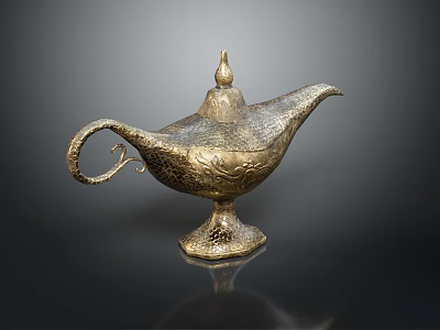 Ornate Golden Aladdin Lamp With Intricate Carved Patterns And Sturdy Base 3d model