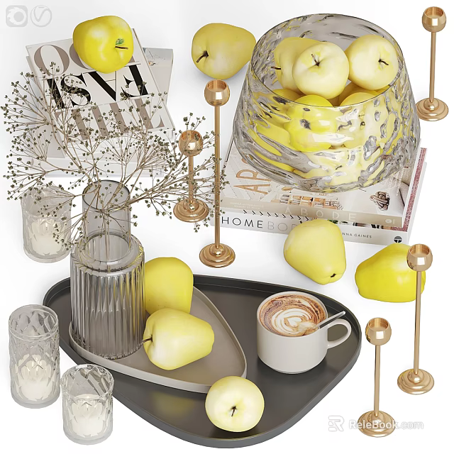 Elegant Decorative Ornaments Set With Yellow Pears Vase Tray Coffee Cup Brass Candle Holders Books 3d model 