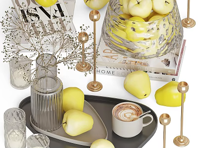 Elegant Decorative Ornaments Set With Yellow Pears Vase Tray Coffee Cup Brass Candle Holders Books 3d model