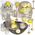 Elegant Decorative Ornaments Set With Yellow Pears Vase Tray Coffee Cup Brass Candle Holders Books