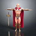Muscular Blond Man in Golden Shoulder Armor Red Cape Holding Sword Standing Pose