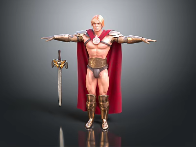 Muscular Blond Man in Golden Shoulder Armor Red Cape Holding Sword Standing Pose 3d model