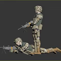 Game and Movie Military Characters in Camouflage Outfits Holding Rifles Standing and Prone