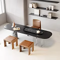 Modern Tea Table and Chairs with Black Tabletop Brown Seats Tea Set Vase and Bookshelves