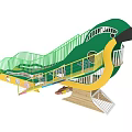 Fun Rainbow Colored Playground Slide With Yellow Stairs And Green Safety Mat
