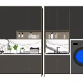 Gray Bathroom Cabinet With Marble Countertop Sink Washing Machine Plants And Toiletries