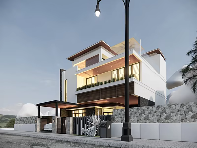 Modern Detached Villa Exterior With White Facade Large Windows And Stone Wall 3d model