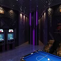 Modern Hotel Public Lounge With Pool Table Purple Lighting And Comfortable Sofas